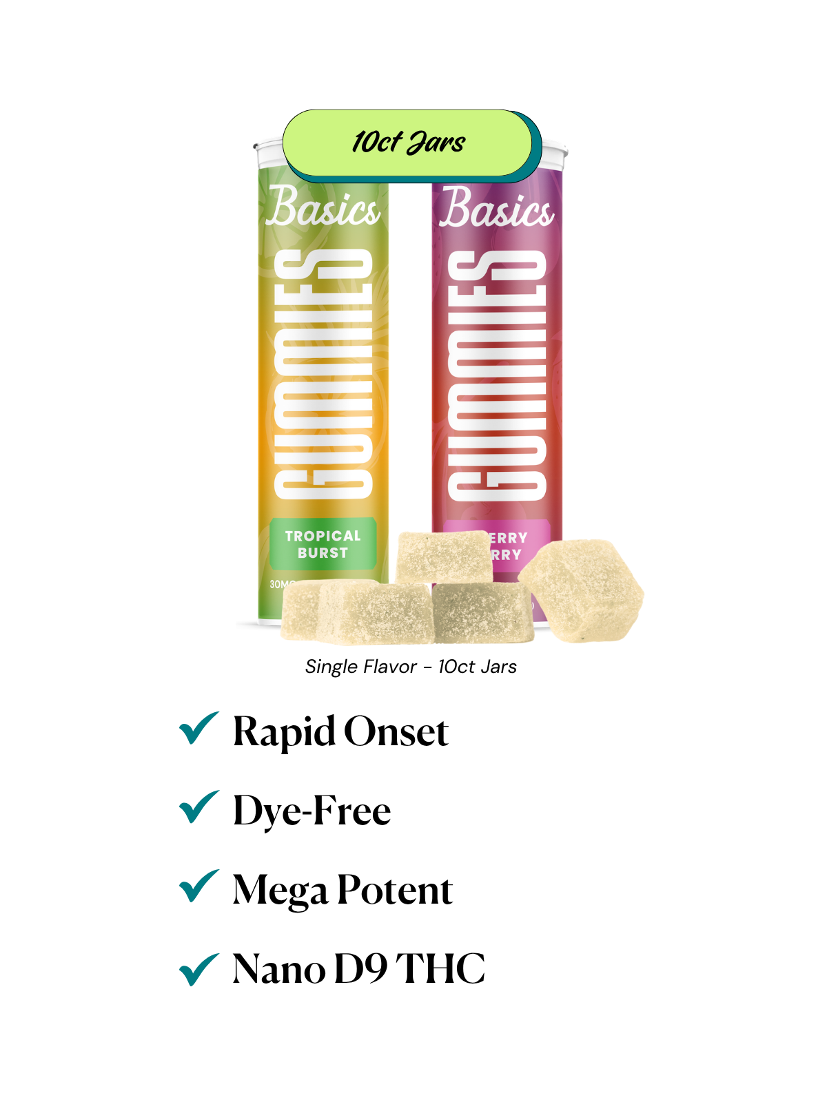 Two 10ct jars of Gummies Basics gummies, Tropical Burst and Cherry Berry 