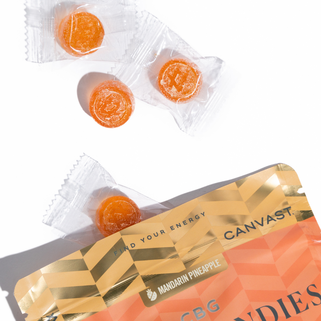 Canvast Lifters Energy Hard Candies with Chaga Mushrooms, CBG, CBD and Terpenes, for a daily mood boost. Individually wrapped hard candies.